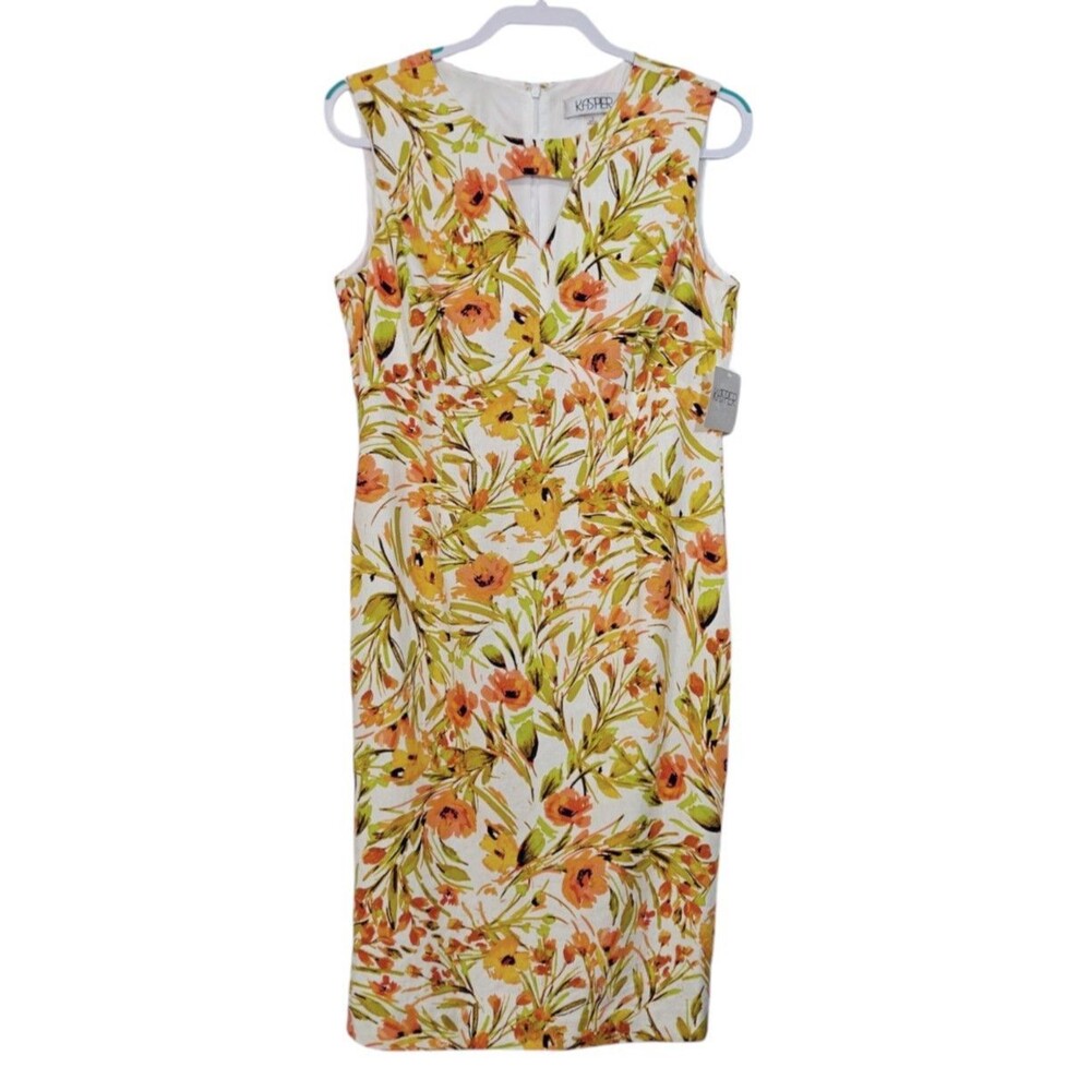 NWT Kasper Linen Blend Dress 8 Floral Sheath Straight Orange White Green Key New